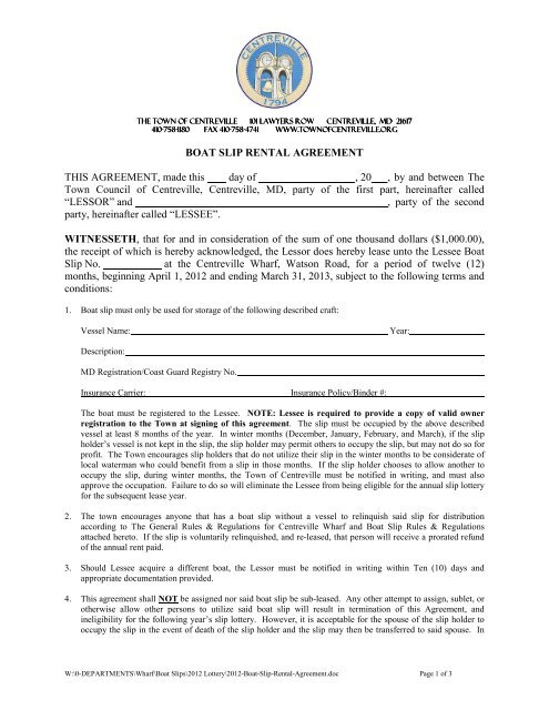Boat Slip Lease Agreement - Town of Centreville, Maryland