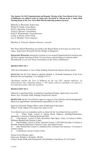 January 4, 2012 Organizational Meeting Minutes - Town of Halfmoon