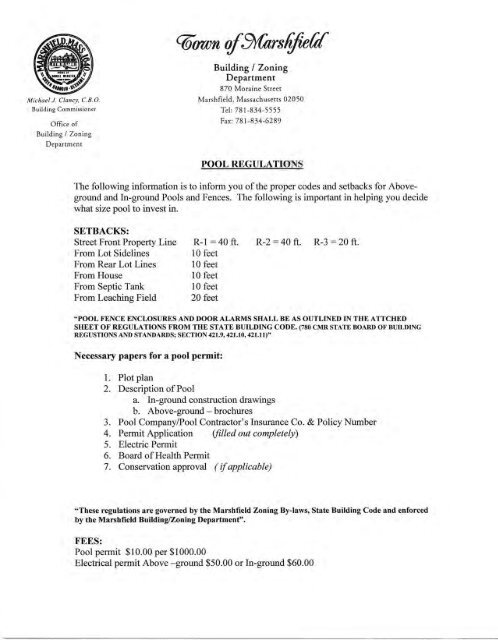 Pool Regulations Town Of Marshfield Massachusetts