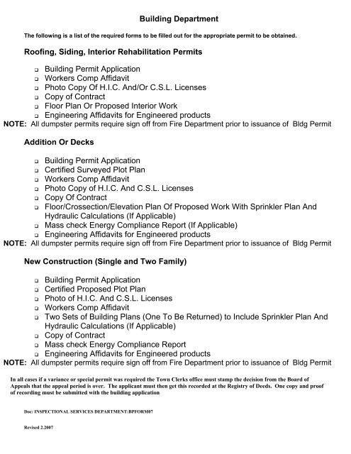 Building Permit Application - Town of North Andover