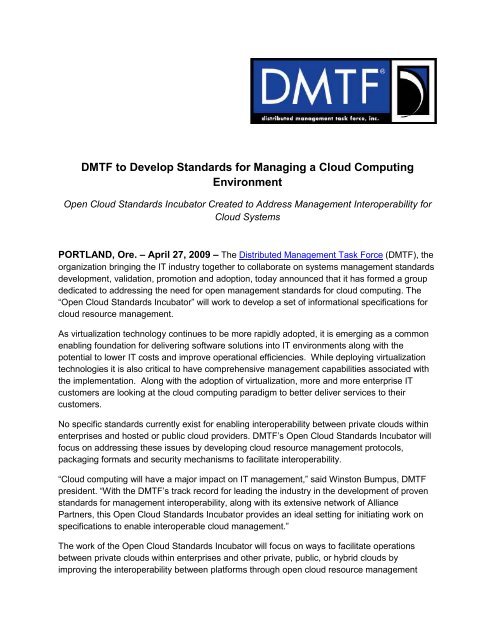 DMTF to Develop Standards for Managing a Cloud Computing ...
