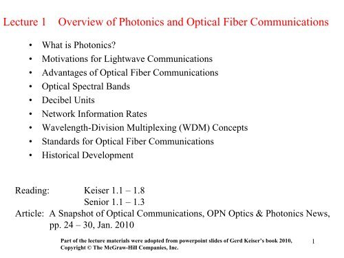 Lecture 1 Overview of Photonics and Optical Fiber Communications