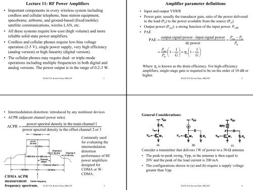 Lecture 11: RF Power Amplifiers Amplifier parameter definitions Î·