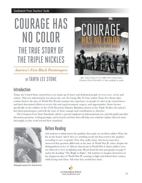 Candlewick Press Teachers' Guide â¢ Courage Has No Color