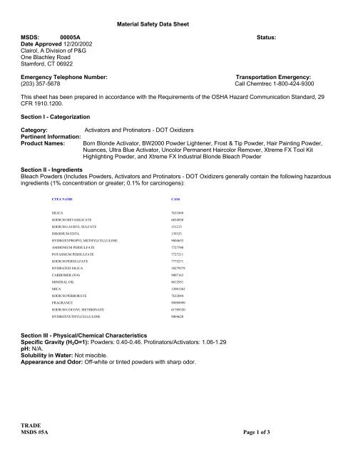 Born Blonde Activator Msds Sheet