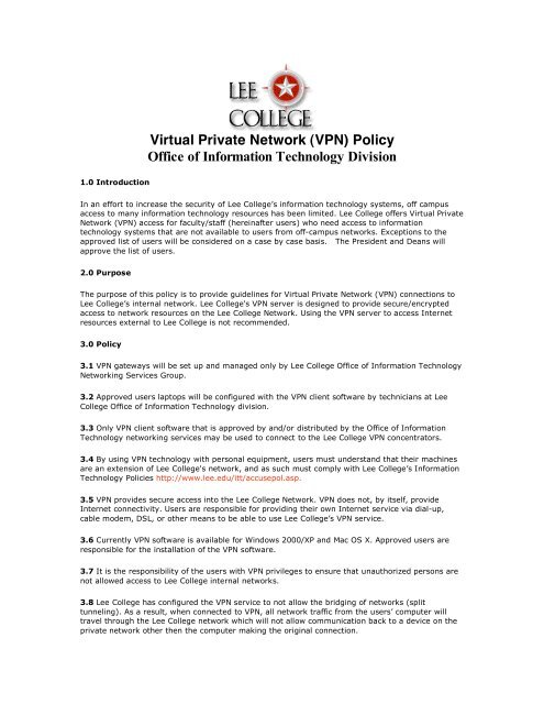 Virtual Private Network (VPN) Policy Office of ... - Lee College