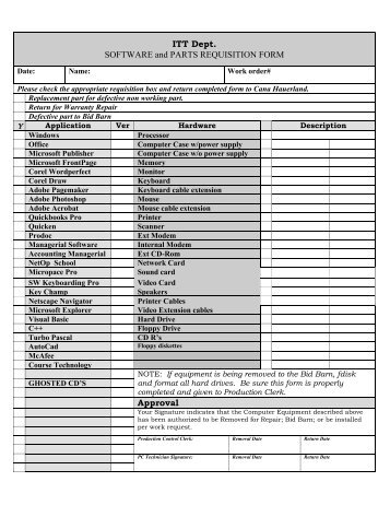 ITT Dept. SOFTWARE and PARTS REQUISITION FORM Approval