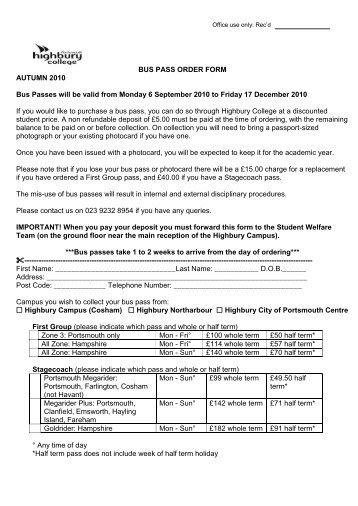 BUS PASS ORDER FORM AUTUMN 2010 Bus ... - Highbury College