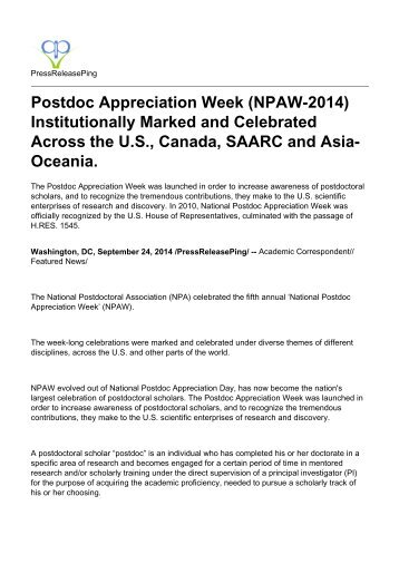 Postdoc Appreciation Week (NPAW-2014) Institutionally Marked and Celebrated Across the U.S., Canada, SAARC and Asia-Oceania.