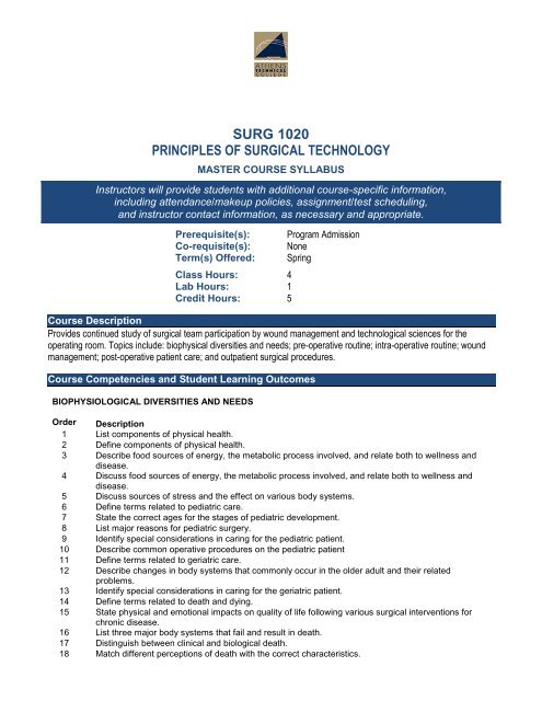 SURG 1020: Principles Of Surgical Technology Course Syllabus