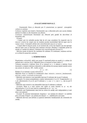 ANALIZĂ DIMENSIONALĂ Fenomenele fizice şi obiectele pot fi ...