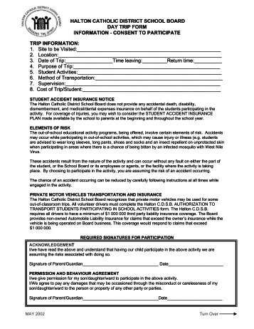 Day Trip Permission Form - Halton Catholic District School Board