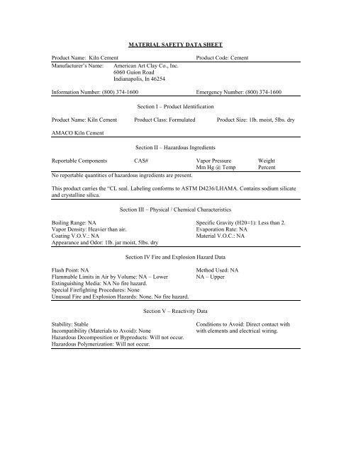 MSDS-Kiln Cement CL - Amaco