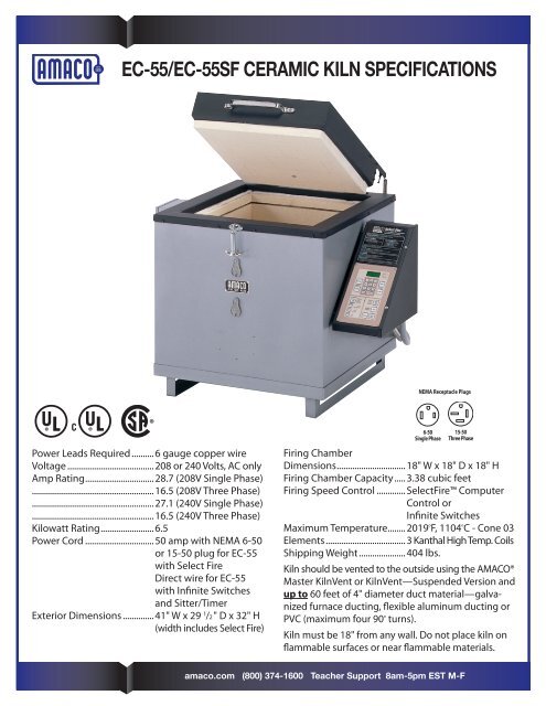 EC-55 technical specifications, furniture kit, and vent ... - Amaco