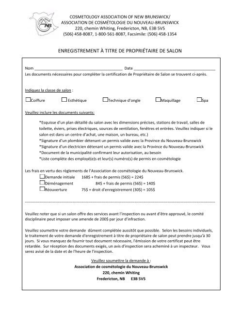 enregistrement à titre de propriétaire de salon - Association de ...