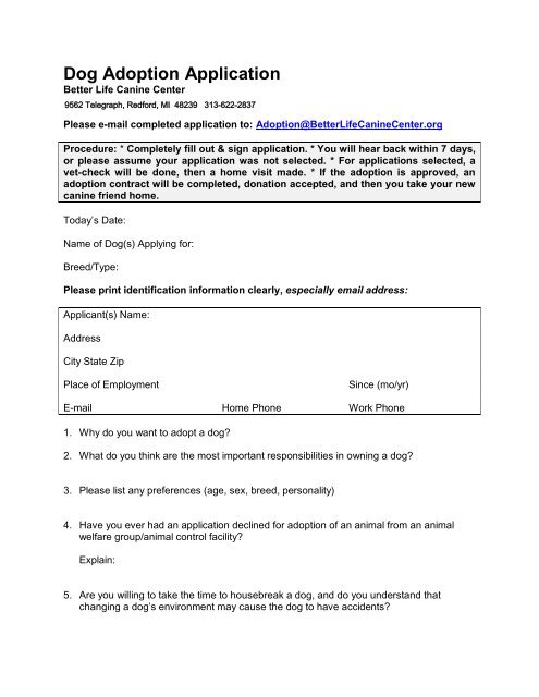 Dog Adoption Application - Better Life Canine Center