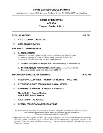 reconvene regular meeting - Irvine Unified School District