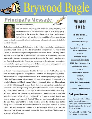 Principal's Message Winter 2012 - Irvine Unified School District