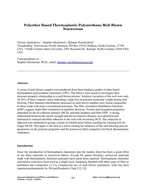 Polyether Based Thermoplastic Polyurethane Melt Blown Nonwovens