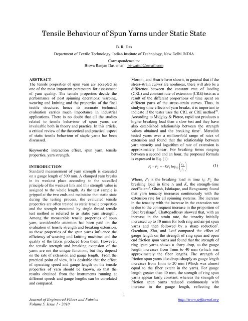 Tensile Behaviour of Spun Yarns under Static State - Journal of ...