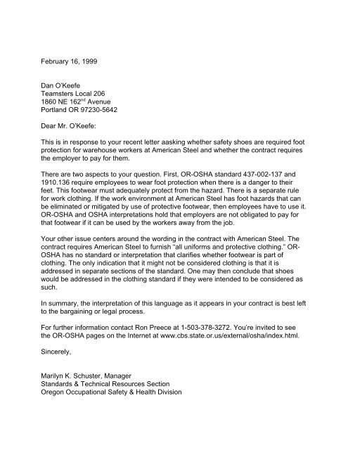 Letter of Interpretation - Warehouse Workers and - Oregon OSHA