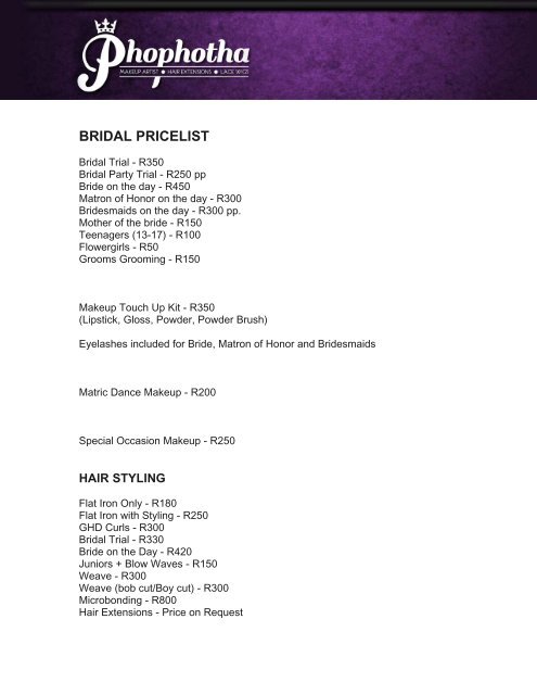 Exclusive hair 2024 price list 2020