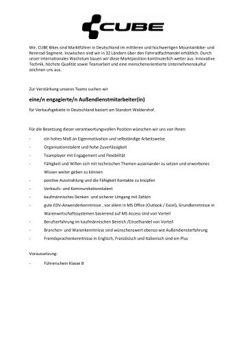 eine/n engagierte/n Außendienstmitarbeiter(in) - Cube