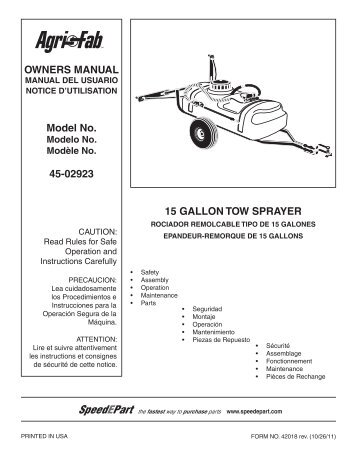 OWNERS MANUAL Model No. 45-02923 15 GALLON ... - Agri-Fab