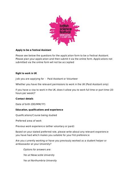 Apply to be a Festival Assistant Please see below the questions for ...