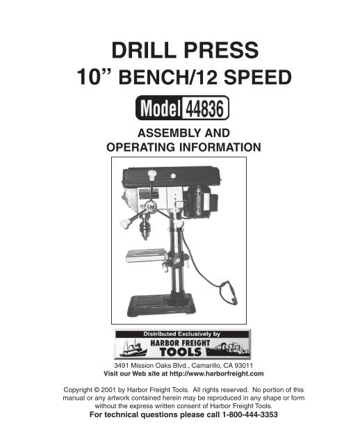 44836a drill press manual - Harbor Freight Tools