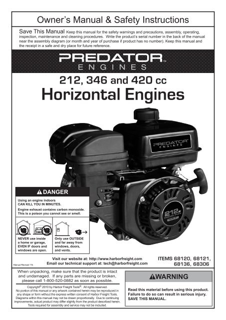 212 346 And 420 Cc Horizontal Engines Harbor Freight Tools