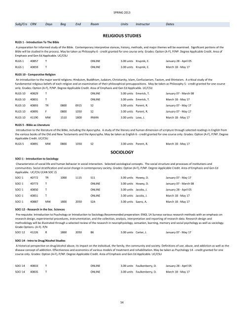 Spring 2013 Schedule of Classes - Barstow Community College