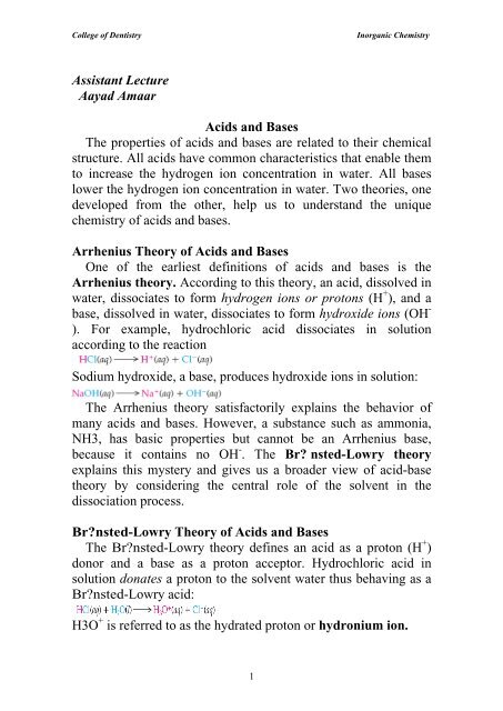 Assistant Lecture Aayad Amaar Acids and Bases The properties of ...