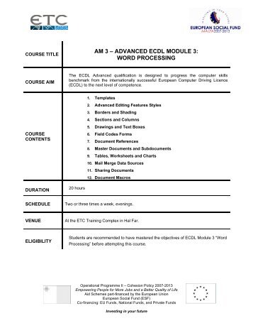 AM 3 â ADVANCED ECDL MODULE 3: WORD PROCESSING - ETC