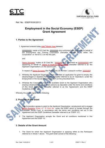 (ESEP) Grant Agreement - Employment and Training Corporation