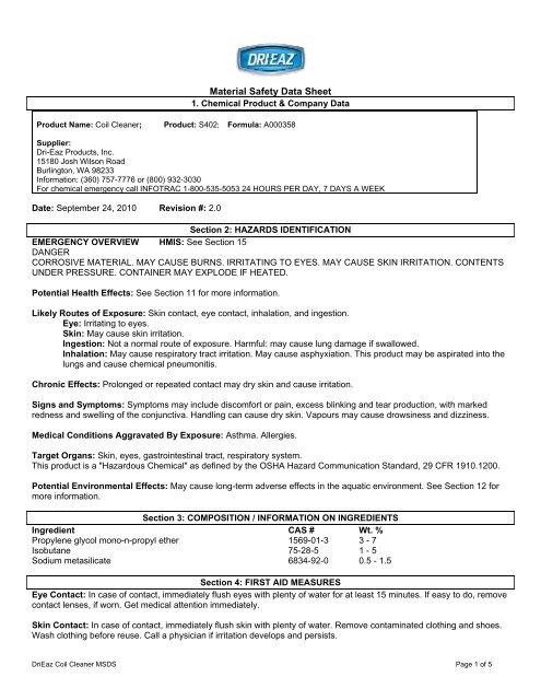 Coil Cleaner MSDS (2010-09) - Dri-Eaz Products