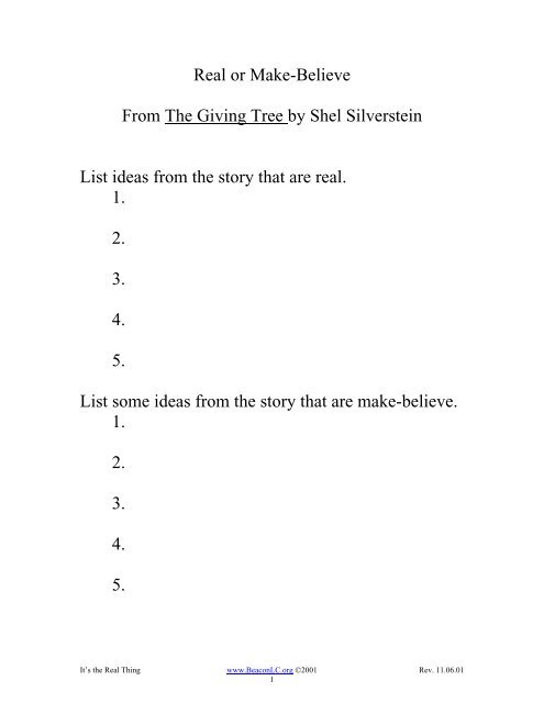 Real Or Make Believe From The Giving Tree By Shel Silverstein List