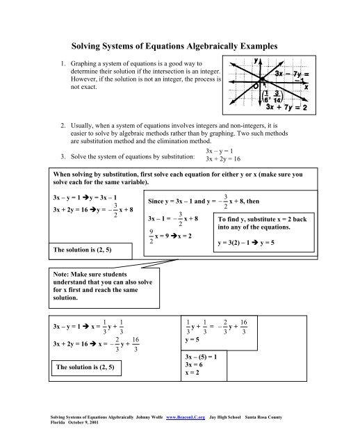 Solving Systems Of Equations Algebraically Examples Beacon