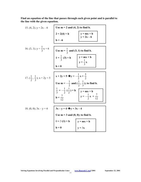 Solving equations involving parallel and perpendicular lines examples