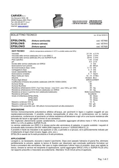 Bollettino tecnico (pdf) - Carver S.r.l.