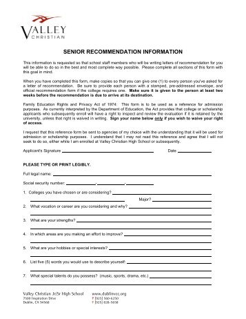 Senior Recommendation Form - VCC