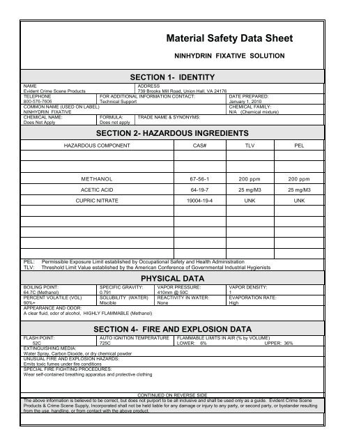 3607 Ninhydrin Fixative - EVIDENTÂ® Crime Scene Products