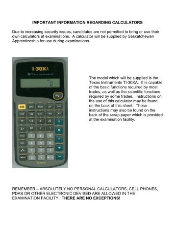 Calculator Instructions for TI - Saskatchewan Apprenticeship and ...