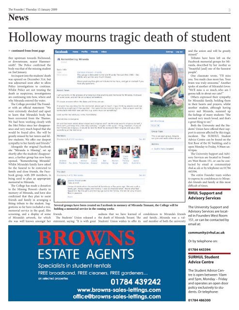 Holloway mourns death of student - The Founder