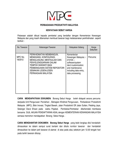 PERBADANAN PRODUKTIVITI MALAYSIA KENYATAAN ... - MPC