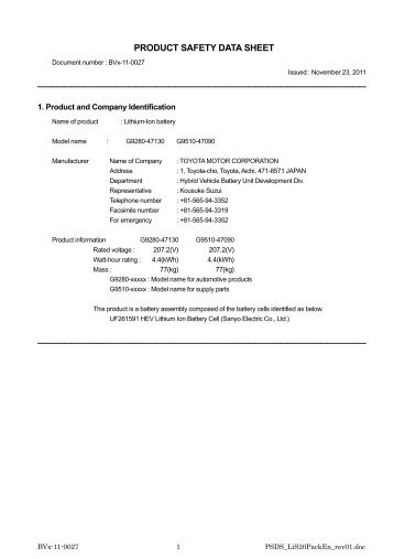 PRODUCT SAFETY DATA SHEET - Toyota-tech.eu