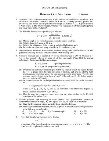 Homework 4: Polarization and Fresnel Eqn.