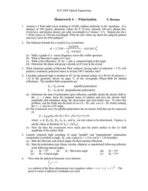 Homework 4: Polarization and Fresnel Eqn.