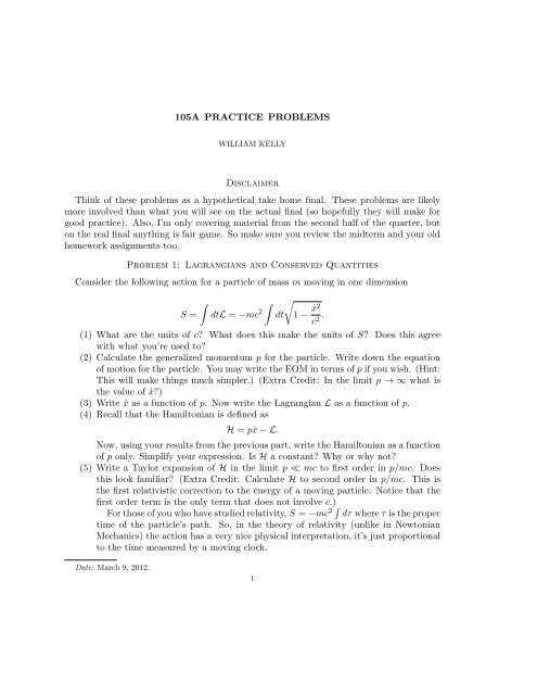 Practice final - Physics Department, UCSB