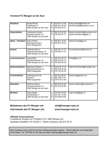 Vorstand FC Wangen an der Aare Mailadresse des FC Wangen a/A ...